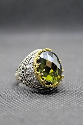 Anel masculino de prata esterlina 925 com pedra de zircão verde feito à mão turco - Imagem 1 de 4