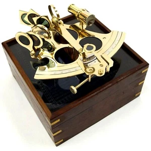 Solid Brass Ship Sextant 8" w/ Wood & Etched Glass Box - Nautical Collection - Picture 1 of 4