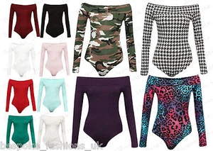 Womens Ladies Long Sleeve Off Shoulder Top Bodysuit Leotard Plus Size 8-22 - Picture 1 of 12