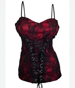 Vintage 90s Sexy Plus size Floral Lace Corset Top red stretch with black lace 3X - Picture 1 of 8