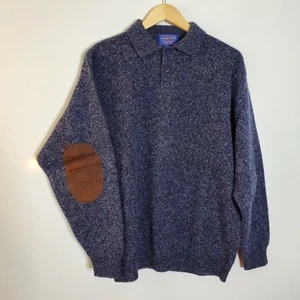 Vintage Pendleton Leather Elbow Patch Shetland Wool Blue heathered Men's Sweater - Picture 1 of 9