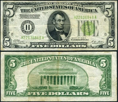 FR. 1952 H $5 1928-B Federal Reserve Note VF - Pinholes - Image 1 of 3