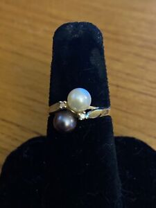 10K Gold  Silver /  White Pearl Bypass Ring Diamond Accents Signed  SKAL