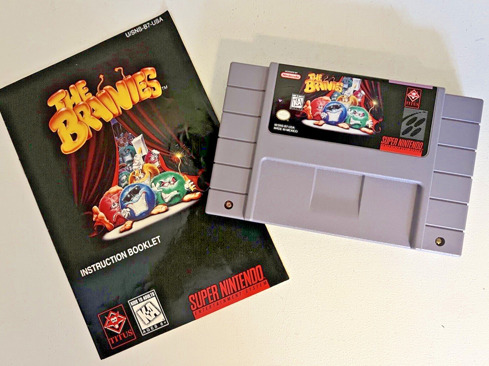 The Brainies (SNES) Super Nintendo Cartridge + Manual 1994 Titus RARE