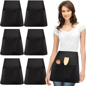 Black Short Waist Pocket Apron Barista Chefs Bar Cafe Pub Waiter 2 Pocket UK - Picture 1 of 6