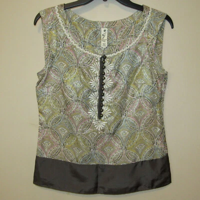Floreat Anthropologie Mezcla de Seda Verde Rosa Paisley Retro Boho Top Camisa Tanque 2 Foto 1 de 3