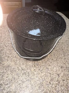Black Speckled Enamel Enamelware Cooking Pot With Handle 6”x7.5”W EUC - Picture 1 of 9