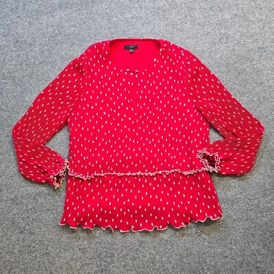 Top J Crew Mujer Talla Mediana Rojo Lunares Plisado Manga Larga Informal Carrera Foto 1 de 4
