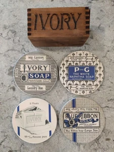 Vintage Procter & Gamble Ivory Soap Coaster Set Historical Image Wood Crate P&G - Picture 1 of 21