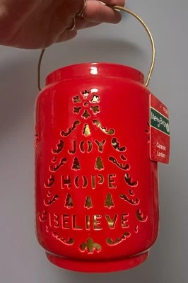 Feliz Brite Rojo Navidad Cerámica Linterna Alegría Esperanza Creer Decoración Foto 1 de 3