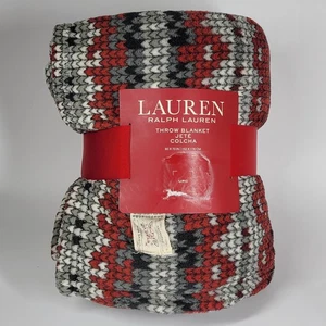 Lauren Ralph Lauren Throw Blanket Red Gray Chevron Pattern 60x70 Soft Plush New - Picture 1 of 10