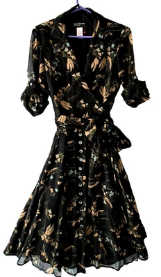 Vtg Y2K Black Silk Floral Whimsigoth Tea Dress 6 Dark Fairy Faux Wrap Old Money - Image 1 of 4