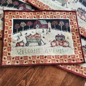 Set Of 4 Festive Fall Tapestry Placemats Pumpkins Barn Leaves Pretty! - Picture 1 of 9