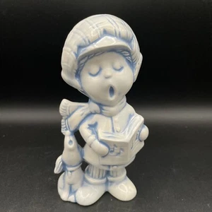 Vintage Ceramic Winter Choir Boy & Dog Figurine - Blue White Kitschy ALCO - Picture 1 of 8