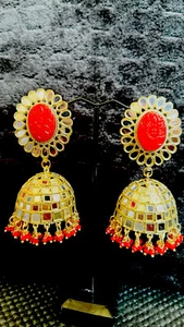 Bollywood Style Indian Pearl Jhumka Earrings Bridal Glass Kundan Jewelry Set - Picture 1 of 5