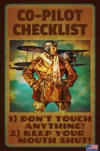 ¡SIGNO DE METAL LISTA DE VERIFICACIÓN COPILOTO 8X12 HECHO EN EE. UU.! HANGAR HUMOR DE AVIACIÓN AÉREA - Imagen 1 de 1