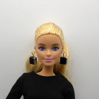 Earrings For Barbie Integrity Toys Doll Black Silver Square Cube Dangle Handmade - Image 1 of 4