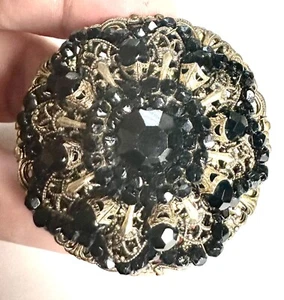 VTG Yvonne Czech Style Black Mourning Glass Brass Brooch Old Ornate Signed - Picture 1 of 8