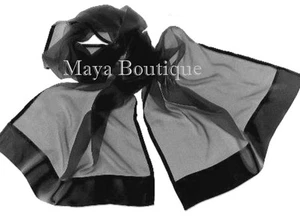 Black Silk Chiffon Scarf Shawl Wrap Satin Border Maya Matazaro - Picture 1 of 3