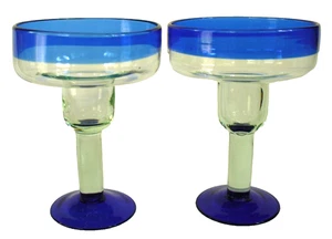 2~Mexico~HAND BLOWN~Pedestal Glass~COBALT BLUE BAND~Margaritta~BAR~6.75"x4.75" - Picture 1 of 13