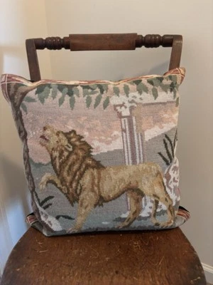 Vintage Needlepoint Pillow Greek Style Lion Turquoise Velvet Back 16” - Image 1 of 4