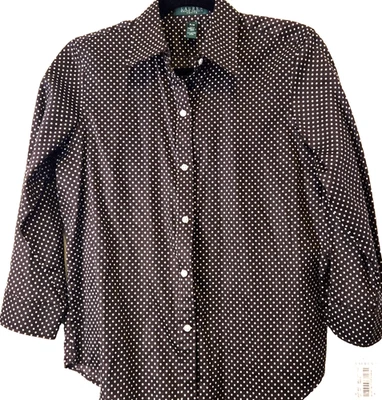 Camisa Lauren Ralph Lauren Para Mujer M Pequeña Marrón Lunares Abotonada Top NUEVA Foto 1 de 4