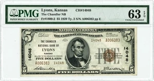1929 National $5 LYONS, KANSAS PMG 63epq Charter #14048 KS 948356-11 - Picture 1 of 3