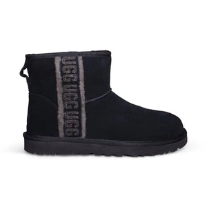 UGG CLASSIC MINI SHEARLING LOGO BLACK SUEDE ANKLE WOMEN'S BOOTS SIZE US 7 NEW - Picture 1 of 5