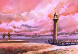 Broadwater Beach Lighthouse Sunset, Biloxi Miss. James Mann Watercolor Notecards - Picture 1 of 2