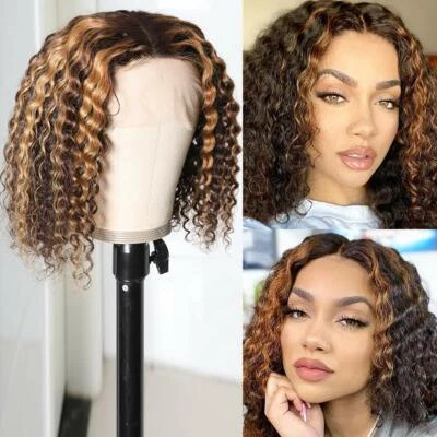 Highlight  Human Hair Curly Wigs 4/27 Brown Blonde T Part Lace Front Wig - Image 1 of 4