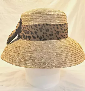 Cappello da spiaggia vintage in paglia naturale secchiello boho tesa grande Chloe fascia ghepardo taglia unica - Foto 1 di 5