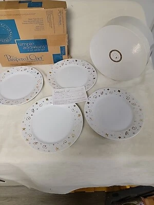 Pampered Chef Celebration 8" Dessert Plates Set of 4 In Box White Gold Stars  - Image 1 of 4