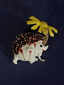 Gold Tone & Enamel Hedgehog Brooch Lapel Pin Pendant w/Yellow Flower - Picture 1 of 4