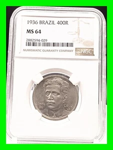 Stunning 1936 Brazil 400 Reis - NGC MS64 Copper / Nickel - KM#539 - High Grade - Picture 1 of 5