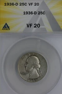 1936-D  .25  ANACS   VF 20  Washington Quarter, Silver 25 Cents (0.25) - Picture 1 of 2