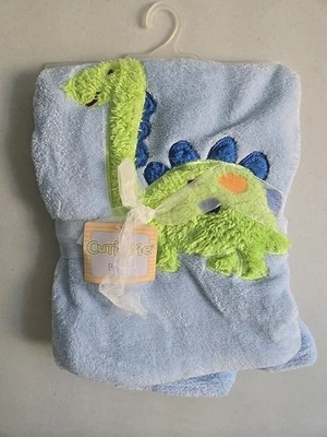 Cutie Pie Baby Boy Green Dinosaur Blanket Blue 30" x 36" - Image 1 of 4