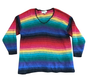 Vintage Katy D Rainbow Striped V-Neck Sweater Plus Size 22/24 50% Mohair Womens - Picture 1 of 4