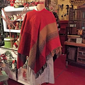 Vtg Red Brown Gray Striped Wool Poncho Cape Cloak Shawl Wrap w Fringe - Picture 1 of 10