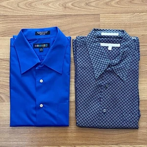 2 New Men’s Button Down Dress Shirt Long Sleeve Blue, Diamonds L 16-16 1/2 34/35 - Picture 1 of 8