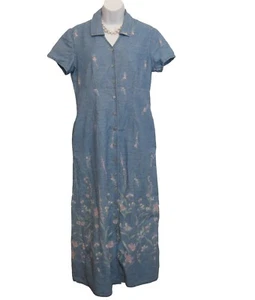 Floral Denim Dress Size M 6 8 Jean Casual Long POCKETS Button Front VILLAGER - Picture 1 of 9