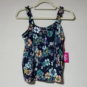 Justice Girl's Knit Lace Up Babydoll Tank Size XL (16-18). Multicolor Flowers - Picture 1 of 7