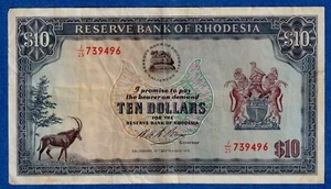 Rhodesia $10 1975  P-33g (15th September 1975) , Circulated Note J/25 739496 - Picture 1 of 3