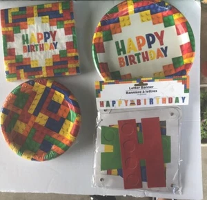 BLOCKS PARTY HAPPY BIRTHDAY ‘Set Of 4’ 1 Large 1 Small Plate /Napkins/ Banner - Picture 1 of 3