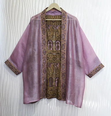 Jaqueta cardigã curta de seda pura quimono espanador capa solta roupão lavanda KMS3762 - Imagem 1 de 4