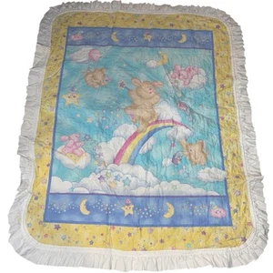 VTG Handmade Baby Crib Blanket Bunny Rabbit Rainbows Blue 34”x40” Cottage Core - Picture 1 of 12
