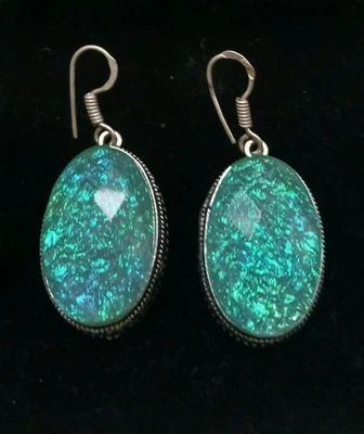 Pendientes colgantes ovalados de plata de ley 925 filigrana ópalo de fuego verde Foto 1 de 3