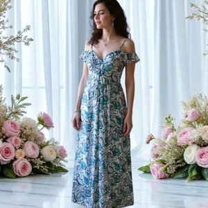 CAROLINA HERRERA Silk Paisley Ruffled Off Shoulder Maxi Dress Gown Size 6 NWT - Picture 1 of 21