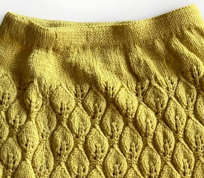 Handmade Knit Midi Skirt Yellow Textured Leaf Design Elastic Waist Cottagecore - Image 1 of 4
