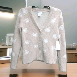 NWT Bailey 44 Button Down Cardigan Sweater Womens sz XS Beige&White Heart Print - Picture 1 of 11