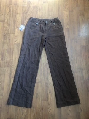 Pantalones Bass 100% Lino Marrón Chocolate Tiro Medio Pierna Ancha NUEVO Talla 2 Bolsillos Foto 1 de 4